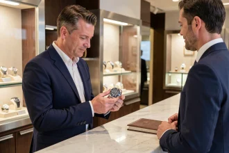 Un homme élégant examine une Rolex Submariner au comptoir d'une boutique de montres de luxe, assisté d'un conseiller en vente professionnel