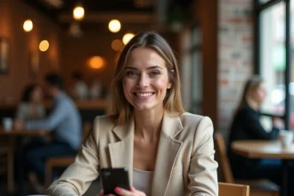 Femme consultant une application de revente de vêtements de marque sur son smartphone dans un café moderne
