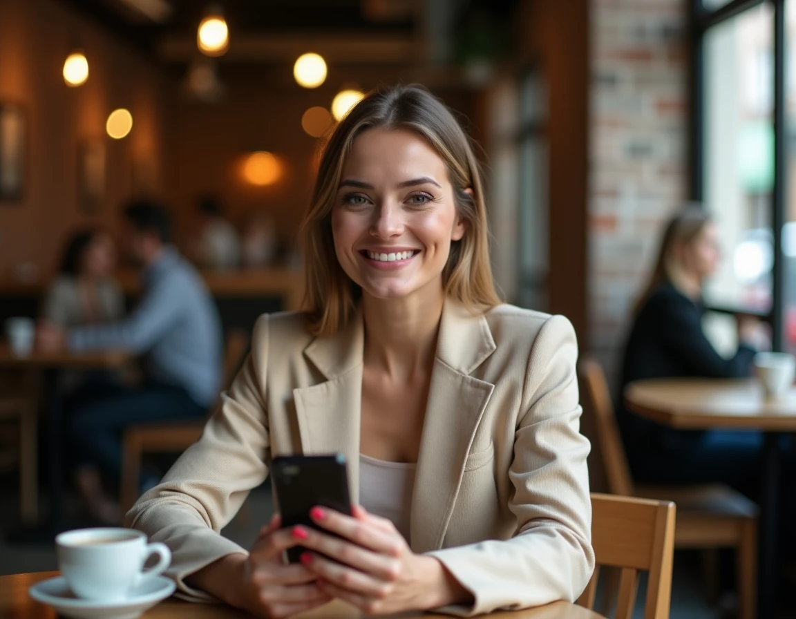 Femme consultant une application de revente de vêtements de marque sur son smartphone dans un café moderne