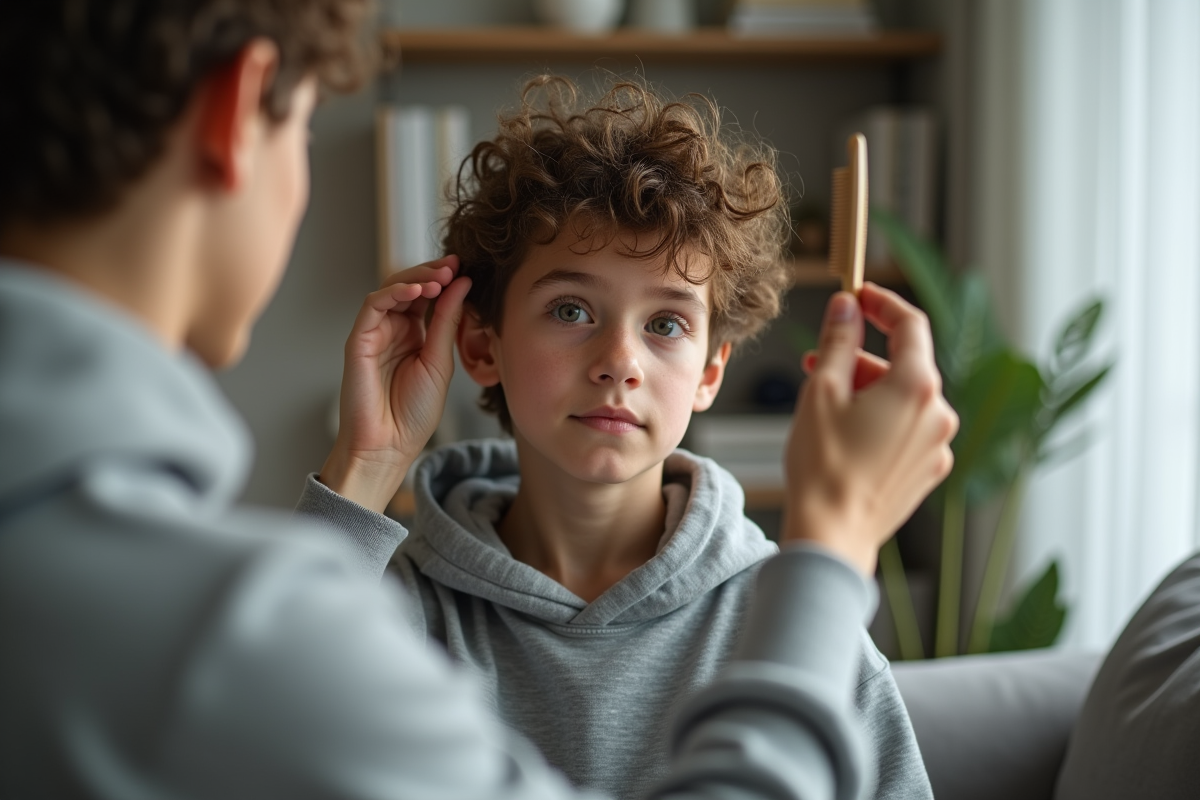 Adolescent coiffe ses cheveux avec un peigne dans le salon