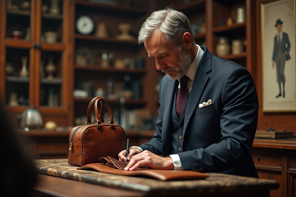 Artisan inspectant sac en cuir dans atelier traditionnel