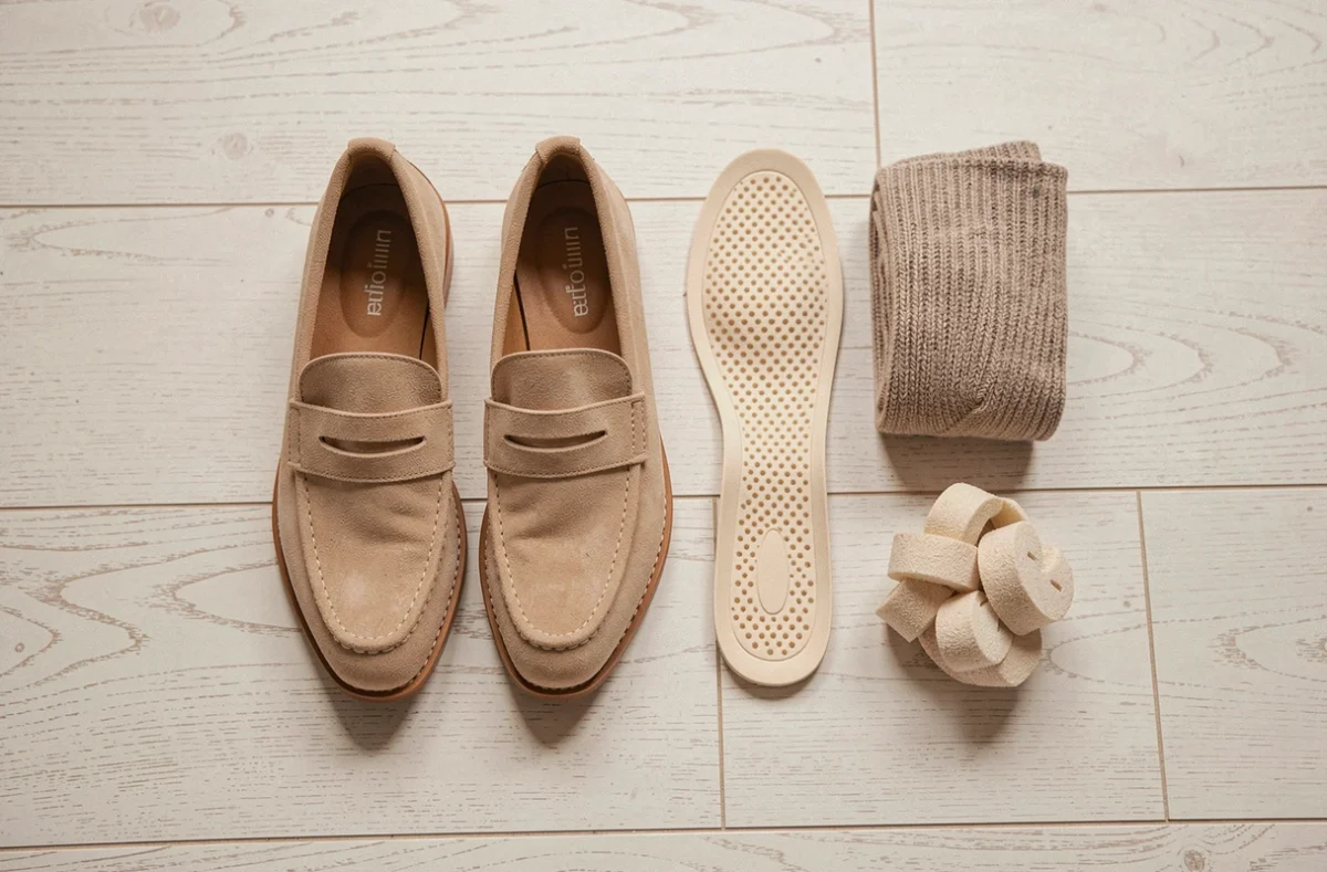 Chaussures trop grandes posées à côté de semelles, chaussettes épaisses et coussinets correcteurs sur parquet clair