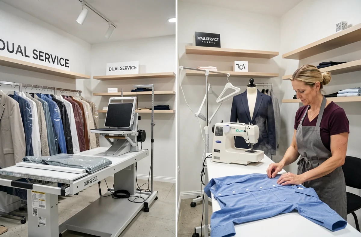 Atelier combinant couture et pressing avec deux zones de travail distinctes dans une boutique moderne
