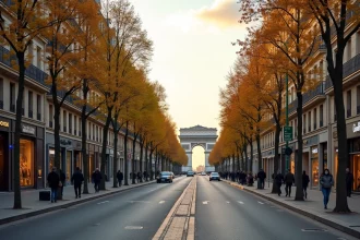 Avenue des Champs-Élysées avec boutiques de luxe et l'Arc de Triomphe en arrière-plan à Paris