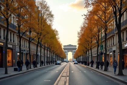 Avenue des Champs-Élysées avec boutiques de luxe et l'Arc de Triomphe en arrière-plan à Paris