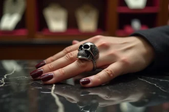 Bague tête de mort en argent portée par une femme sur fond de marbre noir dans une bijouterie
