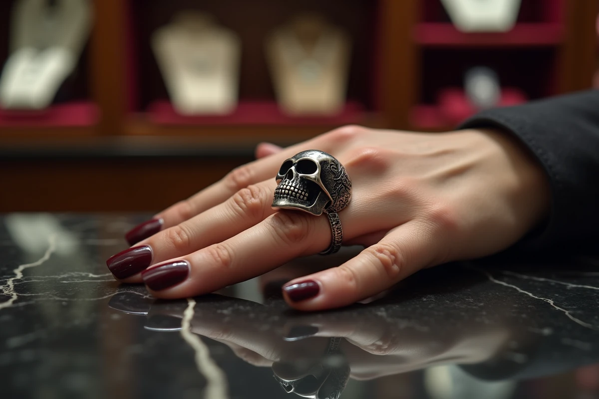 Bague tête de mort en argent portée par une femme sur fond de marbre noir dans une bijouterie