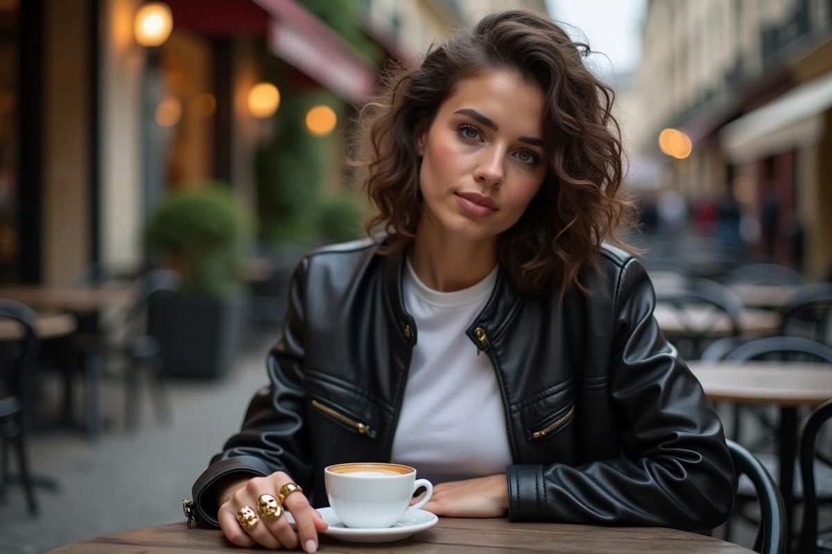 Femme en veste en cuir portant une bague tête de mort dorée dans un café parisien