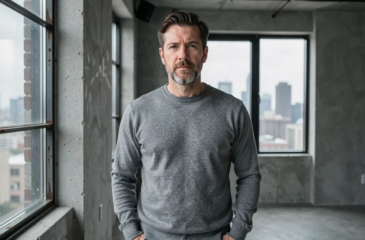 Portrait d'un homme avec une barbe de trois jours dans un appartement loft moderne