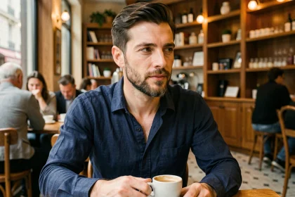 Homme aux 30 ans avec une barbichette soignée dans un café parisien, style décontracté