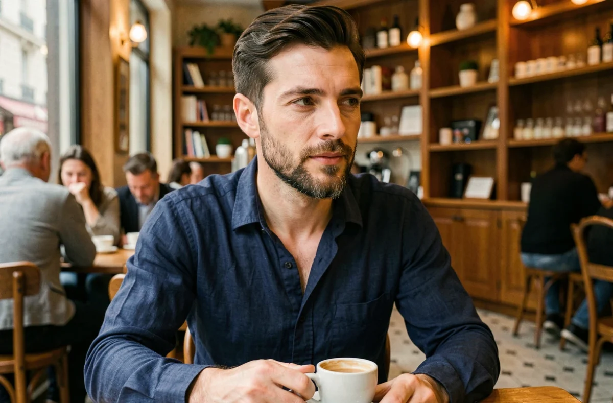Homme aux 30 ans avec une barbichette soignée dans un café parisien, style décontracté
