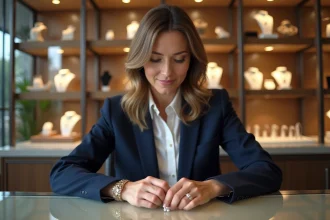 Bijoutière examinant un diamant avec une loupe dans son atelier