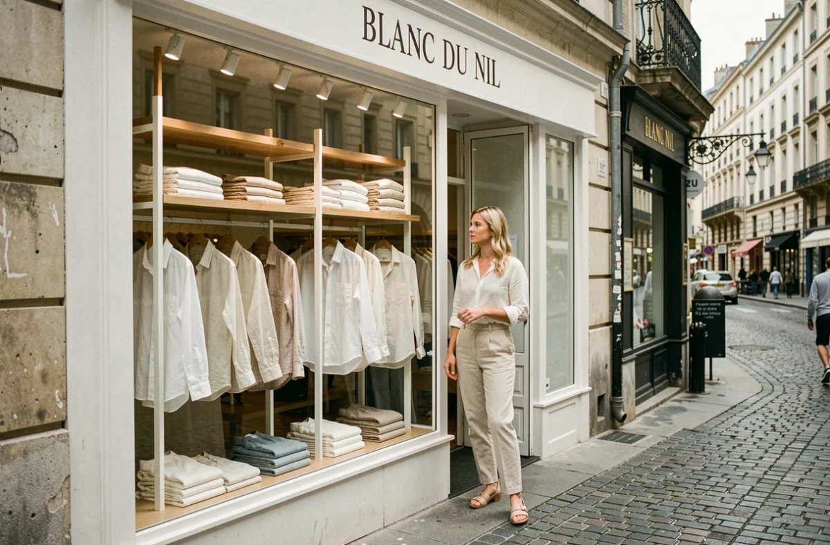 Devanture du magasin Blanc du Nil à Lyon avec une vitrine de vêtements en lin blanc et naturel