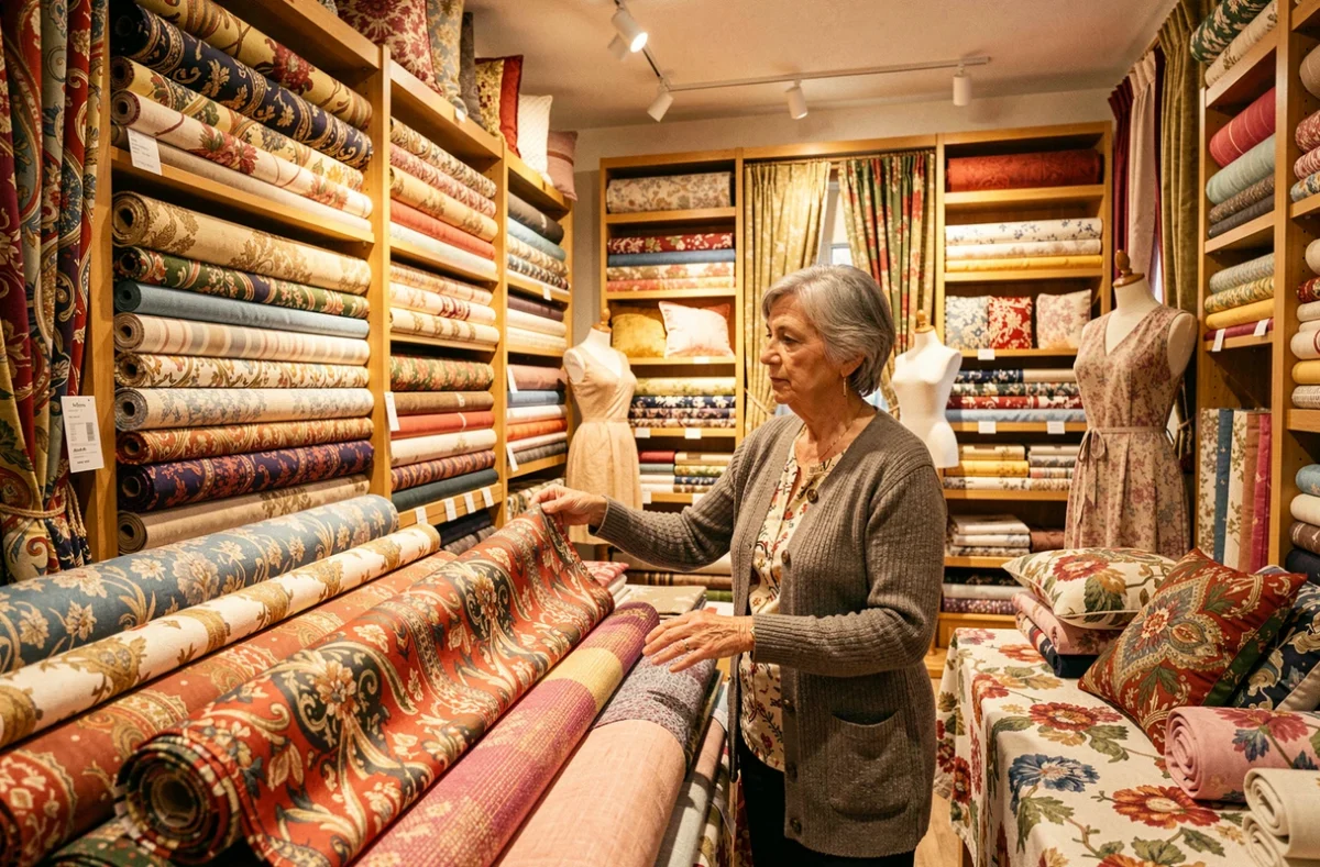 Intérieur du magasin Bouchara à Lyon avec des rouleaux de tissus colorés et des articles de décoration textile