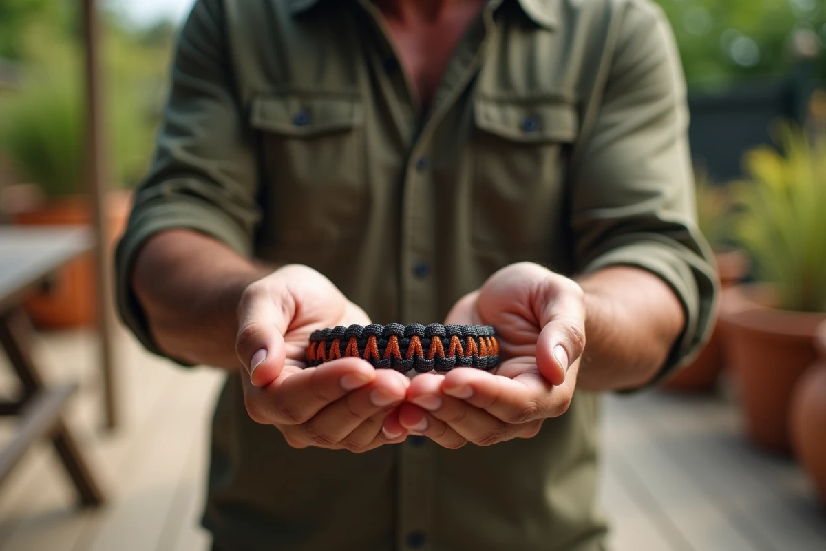Mains masculines tenant un bracelet paracord au motif Solomon bar en charbon et orange sur une table extérieure en bois