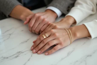 Deux mains de couple portant des bracelets d'amour minimalistes en or sur une surface en marbre blanc