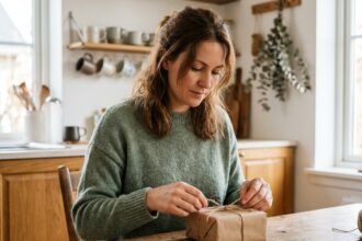 Femme emballant un cadeau original fait main dans une cuisine scandinave en bois chaleureux