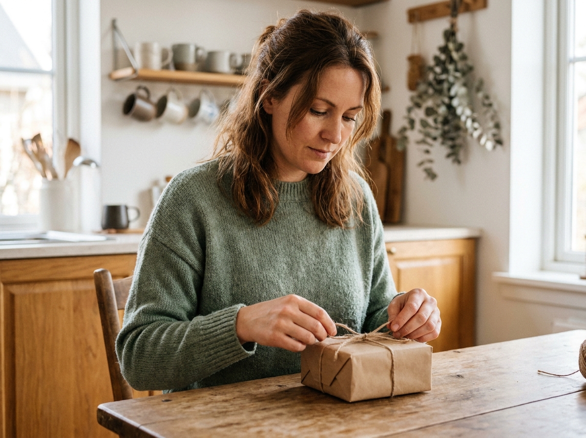 Femme emballant un cadeau original fait main dans une cuisine scandinave en bois chaleureux