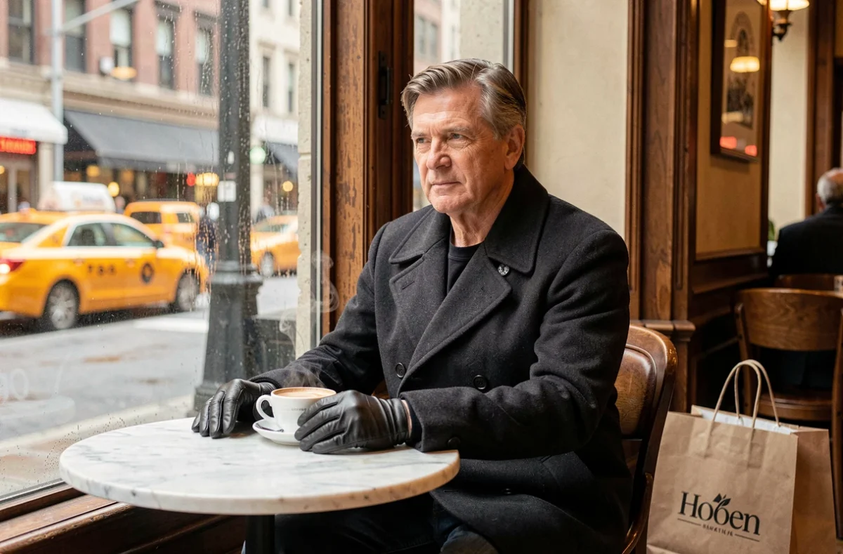 Homme se reposant dans un café cosy de la 5e Avenue avec des sacs de shopping sous la pluie à New York