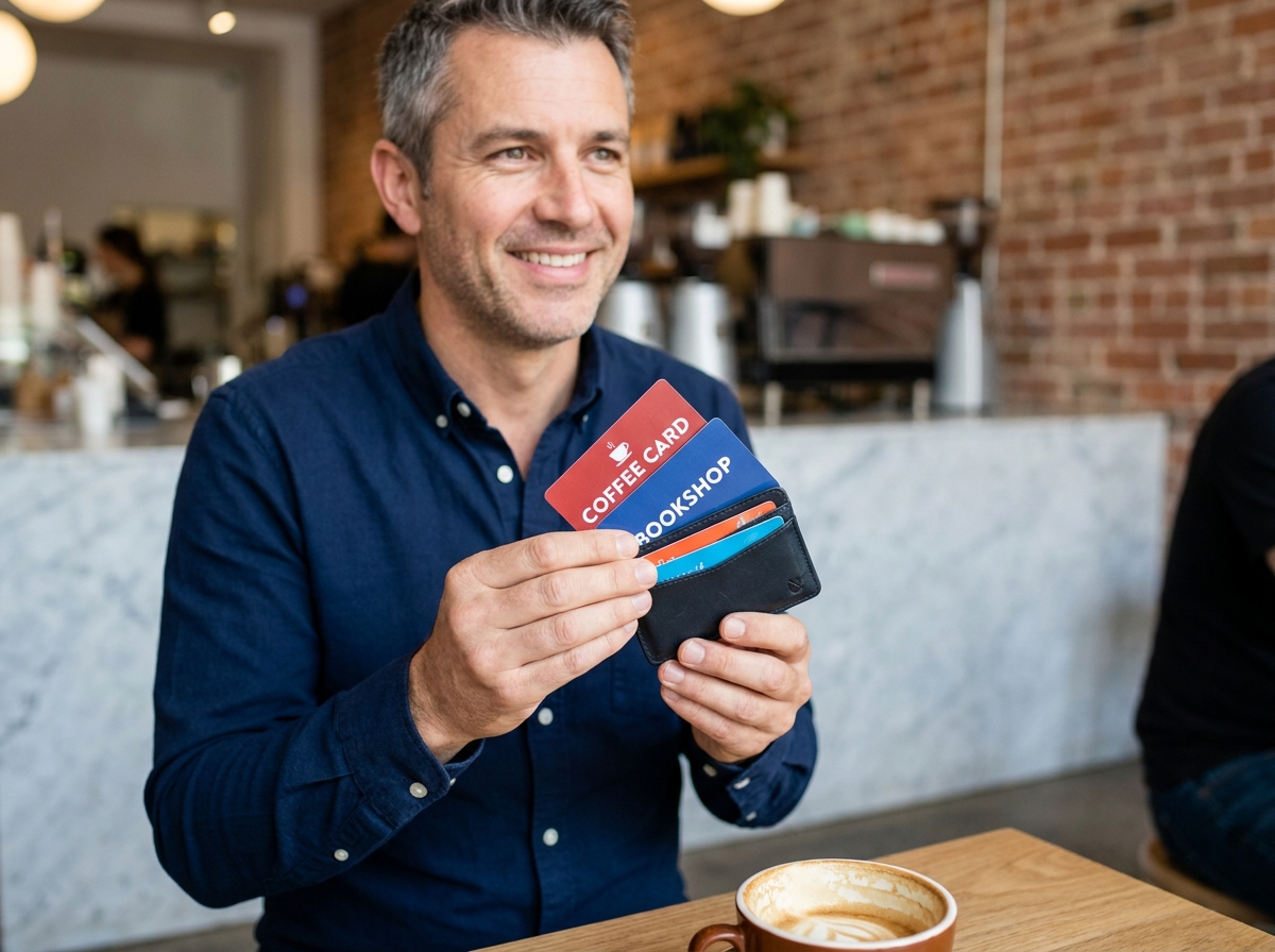 Homme tenant des cartes cadeaux colorées dans un café urbain moderne