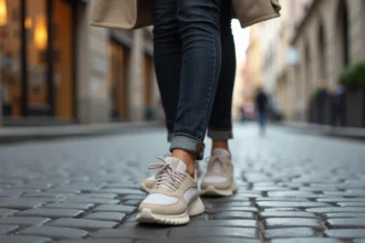 Femme marchant sur des pavés en ville avec des chaussures confortables et amorties pour usage urbain quotidien