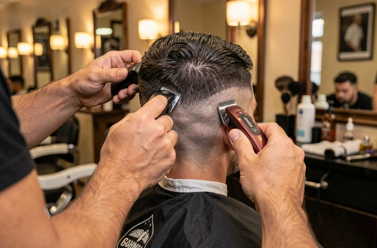 Coiffeur qui estompe un dégradé à la tondeuse sur la nuque d'un client