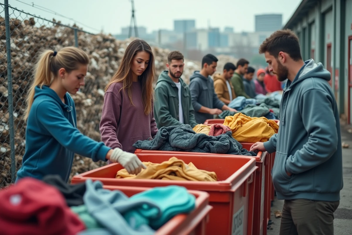 Jeunes adultes triant des vêtements dans une installation de recyclage