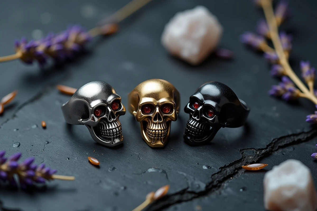 Trois bagues tête de mort femme en argent, or et rhodium noir disposées sur une ardoise sombre