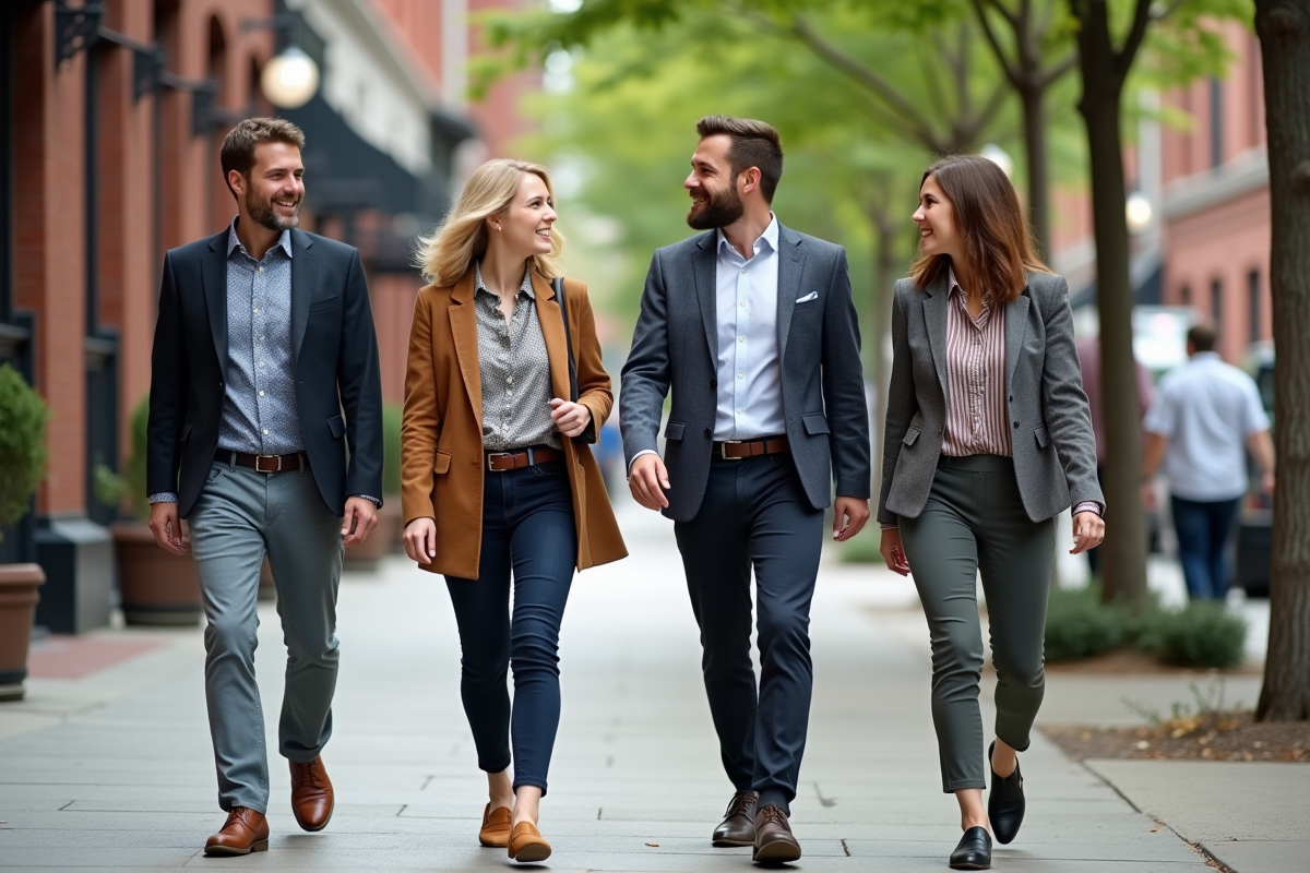 Groupe de collègues discutant dans la ville en journée