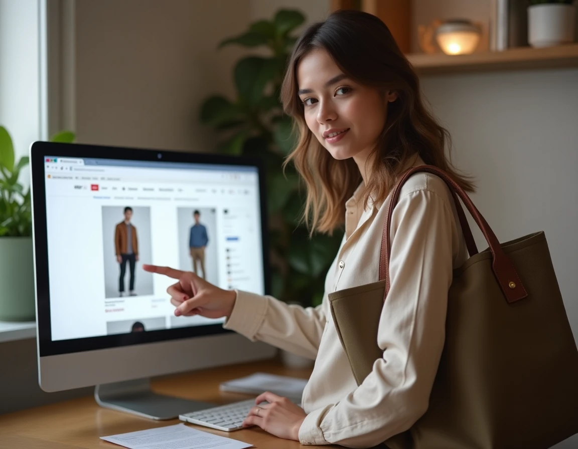 Jeune femme comparant des annonces de vêtements de marque sur une plateforme de revente en ligne depuis son bureau