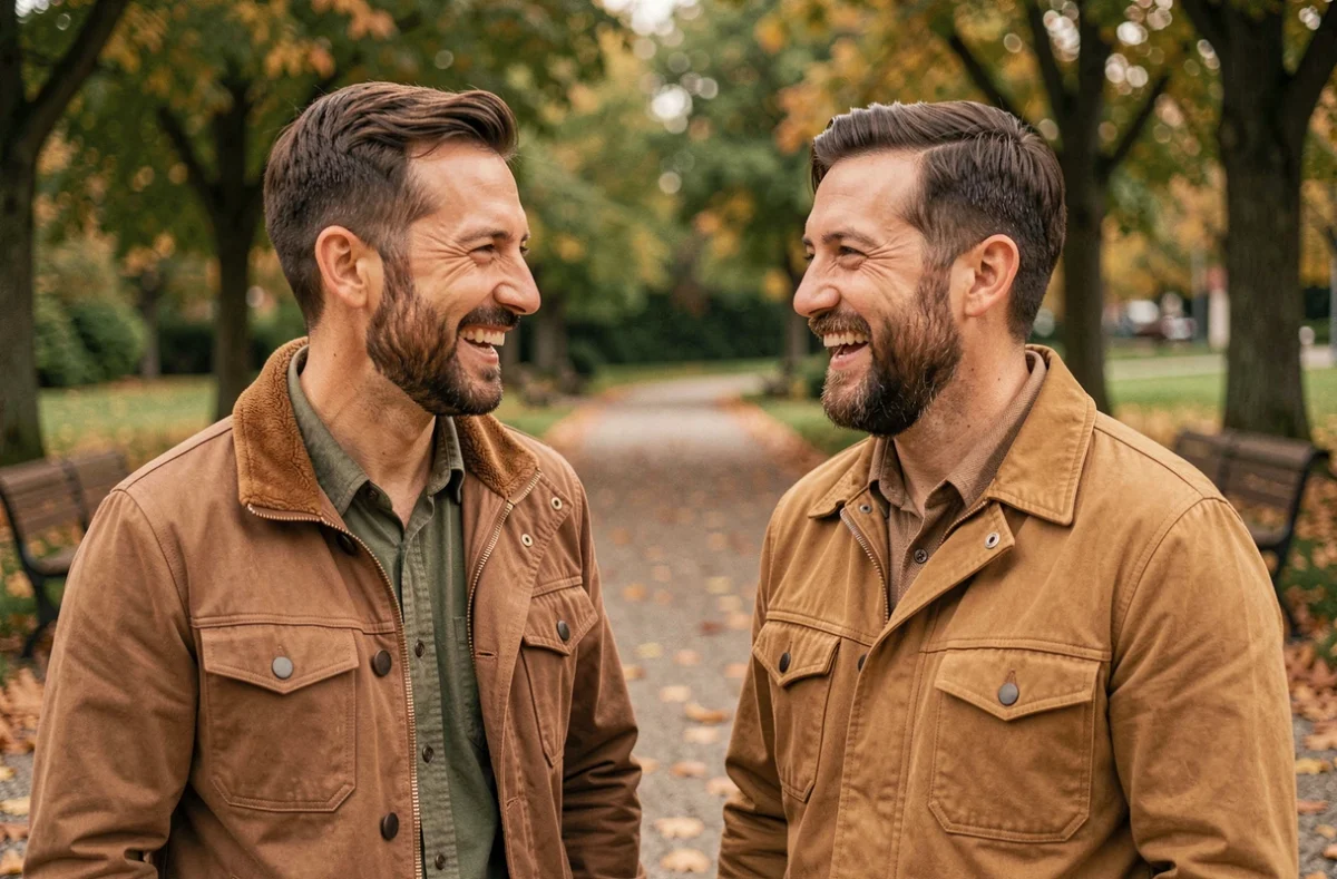 Comparaison barbichette et barbe de trois jours sur deux hommes dans un parc en automne