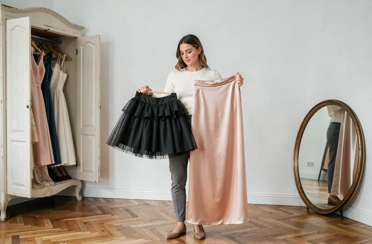 Comparaison entre un jupon court en tulle et un jupon long en satin dans un appartement parisien minimaliste