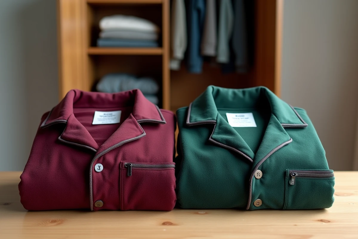 Deux pyjamas pilou pour homme pliés en flanelle bordeaux et vert forêt posés sur une table en bois avec étiquettes visibles
