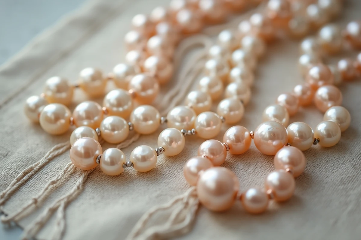 Comparaison de plusieurs colliers de perles de culture de différentes qualités et prix disposés sur du lin naturel