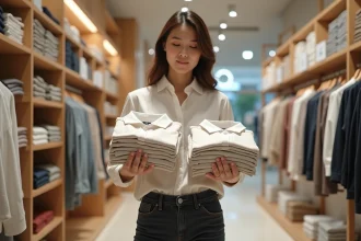 Femme comparant deux tailles de chemises Uniqlo en magasin, tenant les vêtements devant elle pour évaluer la coupe