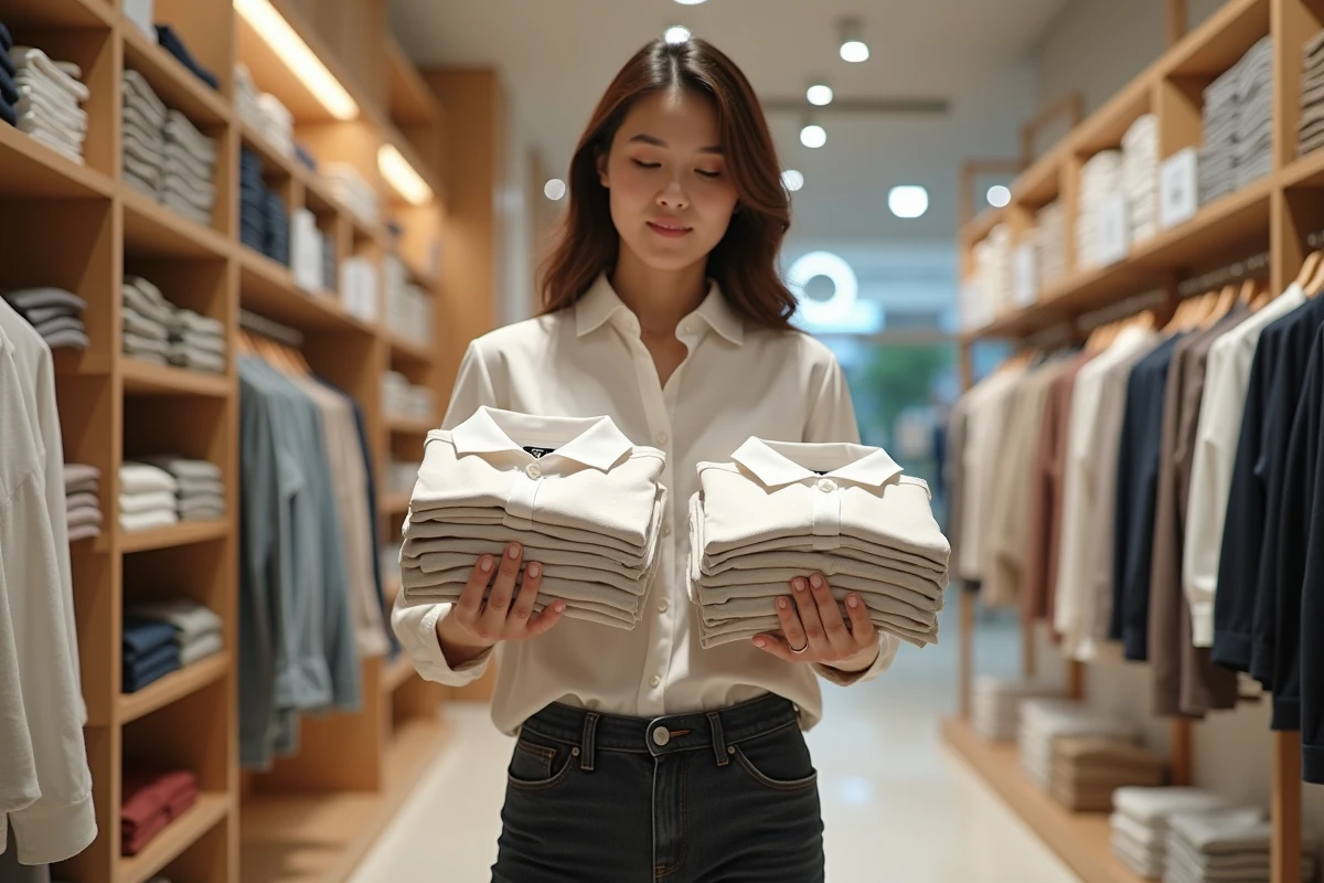 Femme comparant deux tailles de chemises Uniqlo en magasin, tenant les vêtements devant elle pour évaluer la coupe