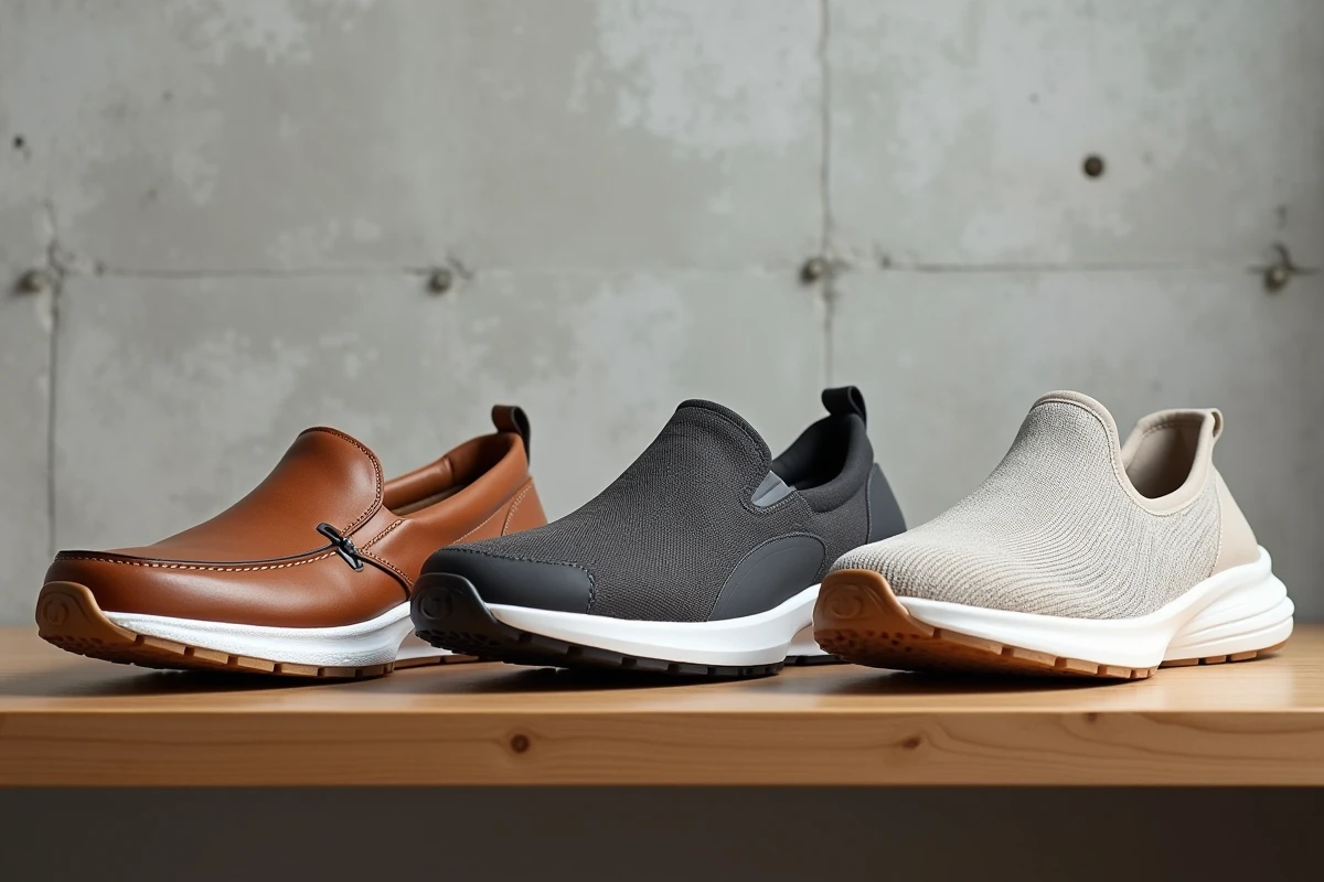 Trois paires de chaussures confortables pour la ville exposées sur une étagère en bois, avec semelles et matières détaillées