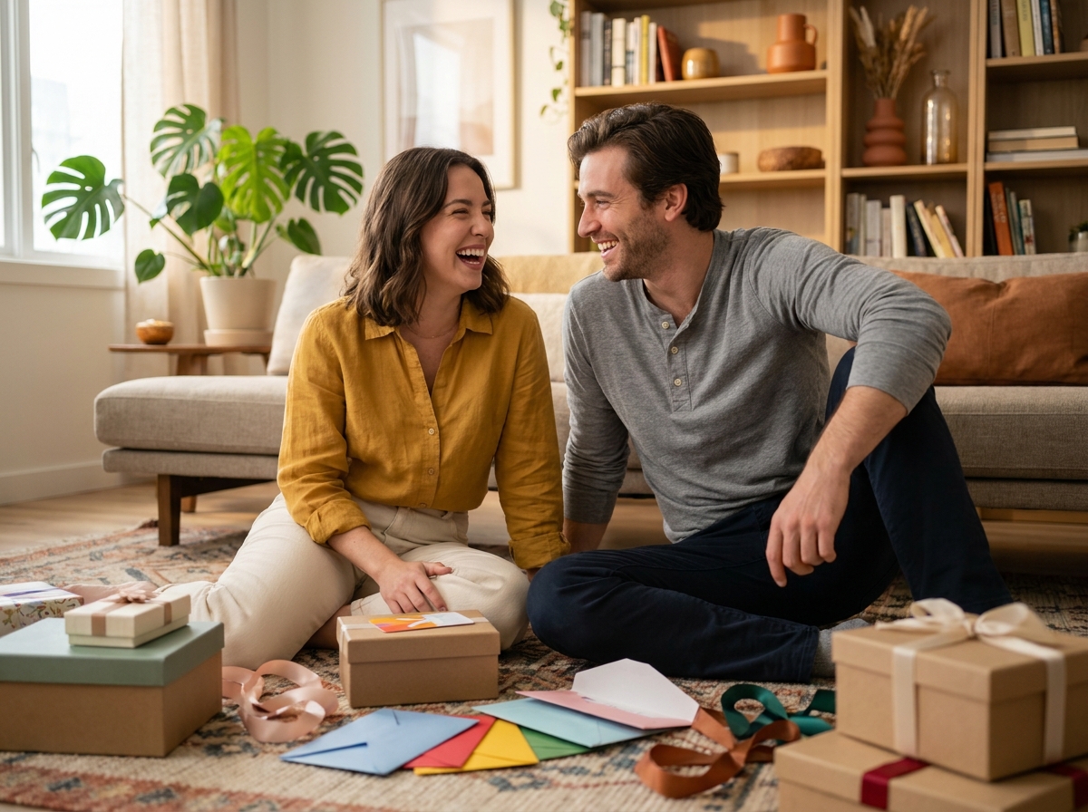 Deux amis comparant des cadeaux originaux et des cartes cadeaux dans un salon cosy