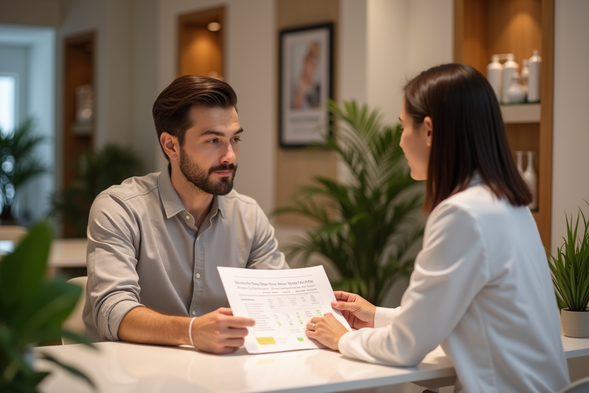 Jeune homme discutant soins de peau avec professionnel en spa