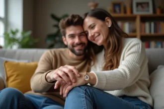 Jeune couple assis sur un canapé avec un bracelet photo