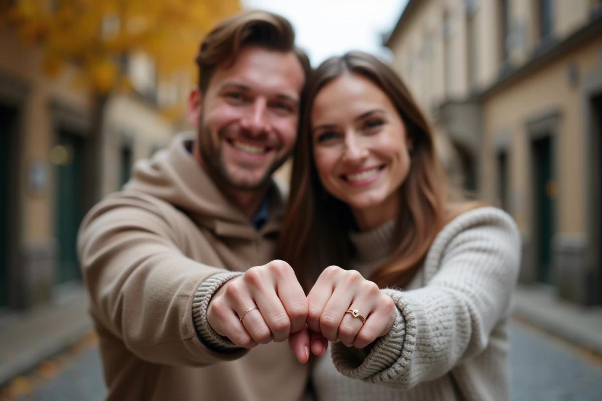 Couple montrant leurs bracelets d'amour minimalistes assortis en or rose dans une rue pavée en automne