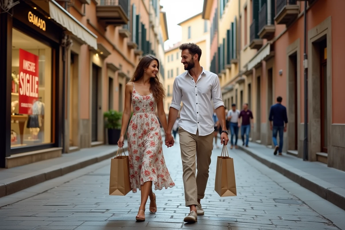 Couple en city trip à Florence portant des sacs de shopping lors des soldes italiens 2026