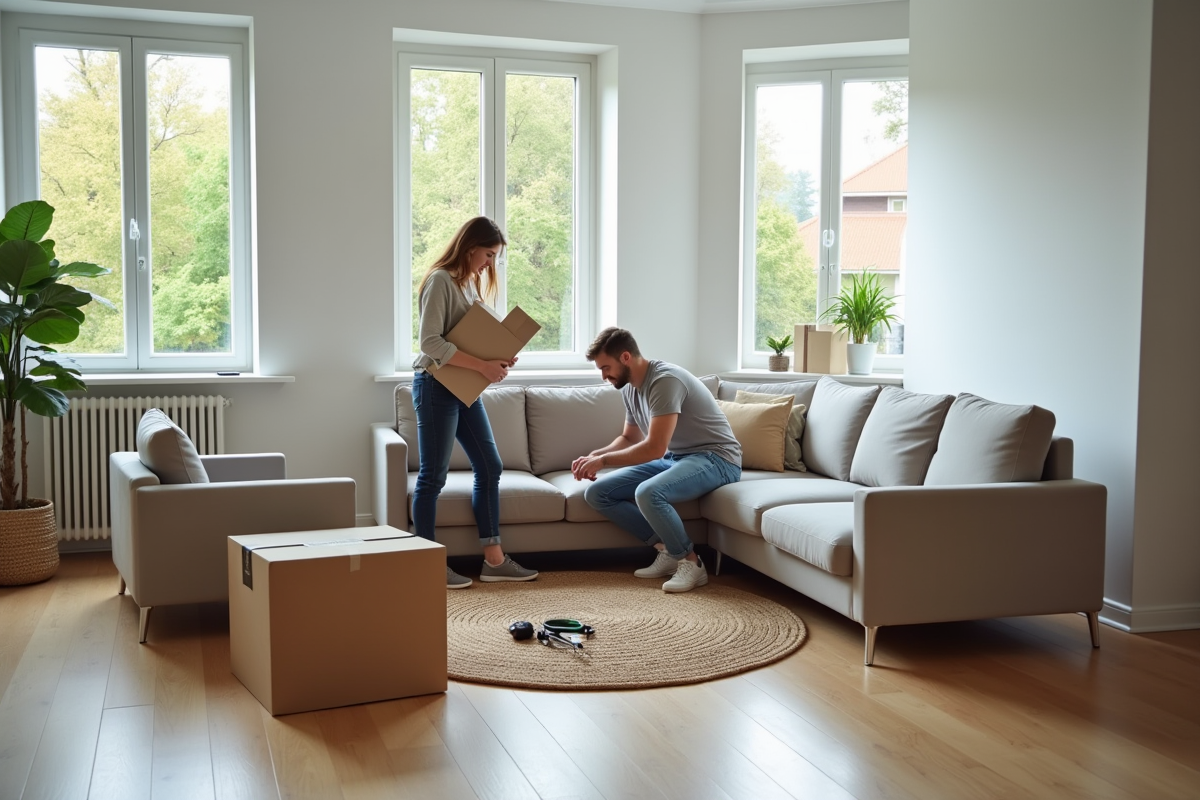 Jeune couple déballant un canapé dans leur salon lumineux