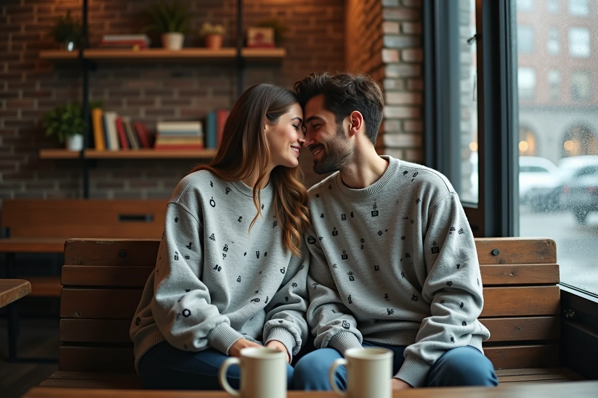 Couple en pulls à codes imprimés chuchotant dans un café chaleureux avec murs en briques