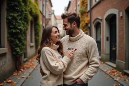 Couple portant des pulls assortis avec symboles secrets brodés dans une ruelle pavée en automne