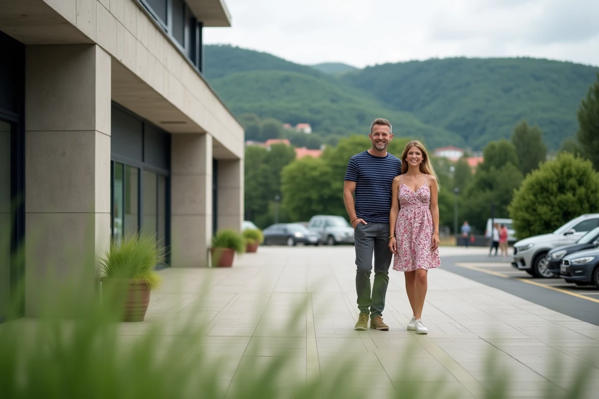 Couple en week-end au Pays basque devant le complexe commercial Dancharia près de la frontière espagnole