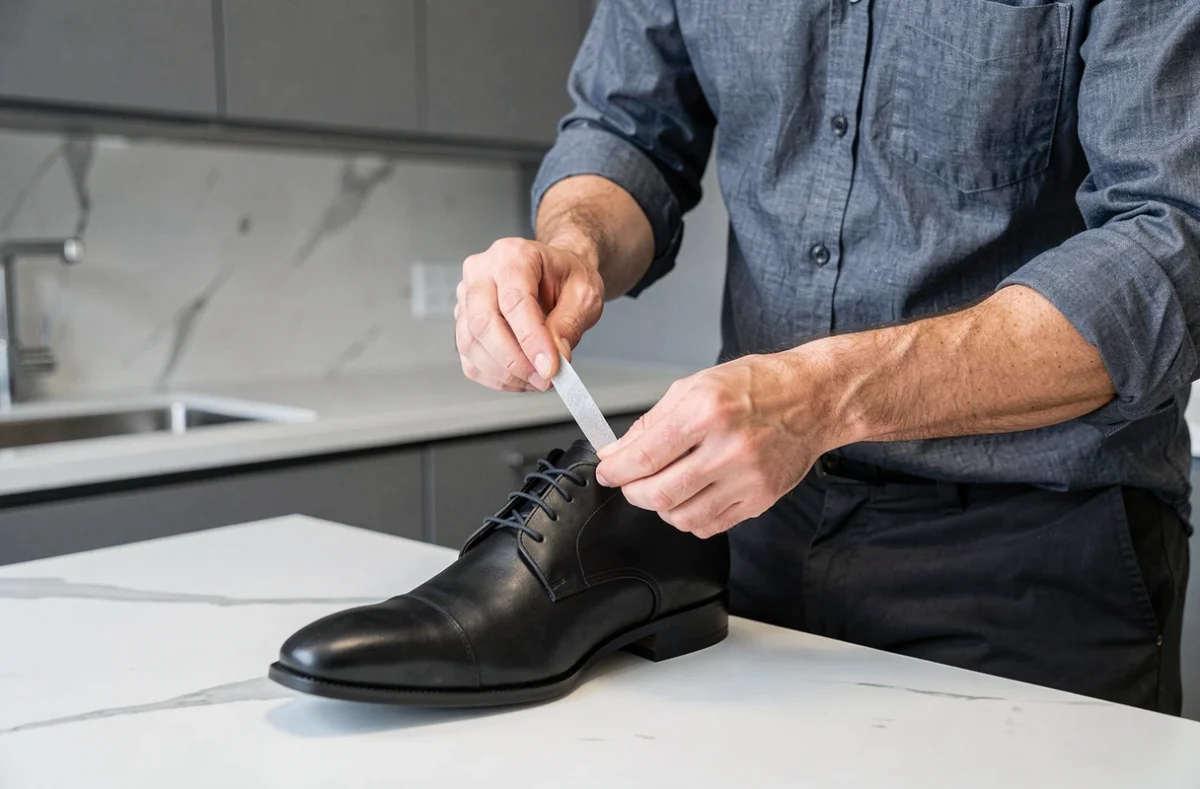 Homme appliquant un coussinet adhésif anti-glissement à l'intérieur d'une chaussure trop grande