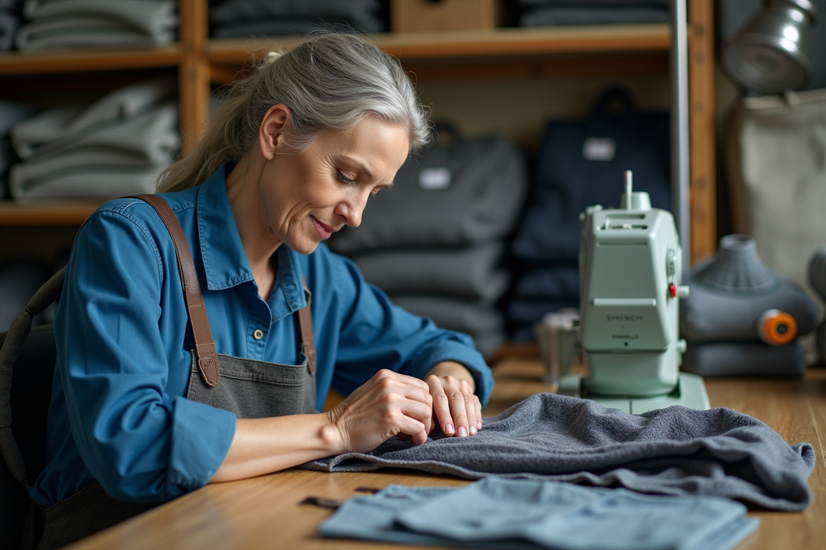 Femme cousant un sac à dos dans son atelier