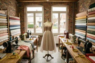 Atelier de couture dans les Hauts-de-Seine avec machines à coudre, tissus et mannequins de couture