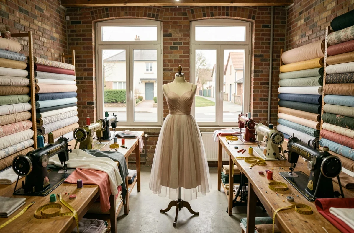 Atelier de couture dans les Hauts-de-Seine avec machines à coudre, tissus et mannequins de couture